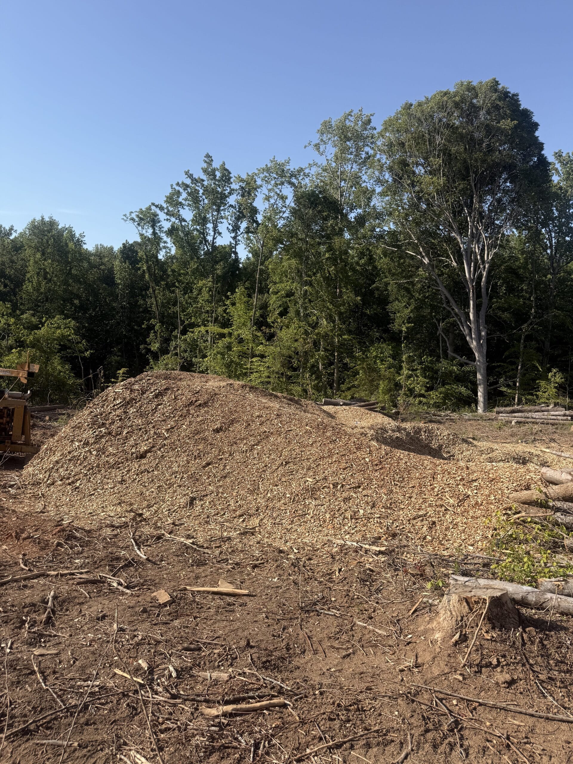 Large pile of wood chips after 316 Tree Services cleared and chipped brush on a lot